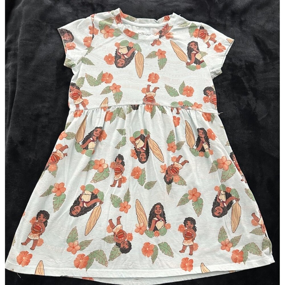 Disney Moana Dress Girls Size 7/8 Medium Short Sleeve Blue Tropical Print